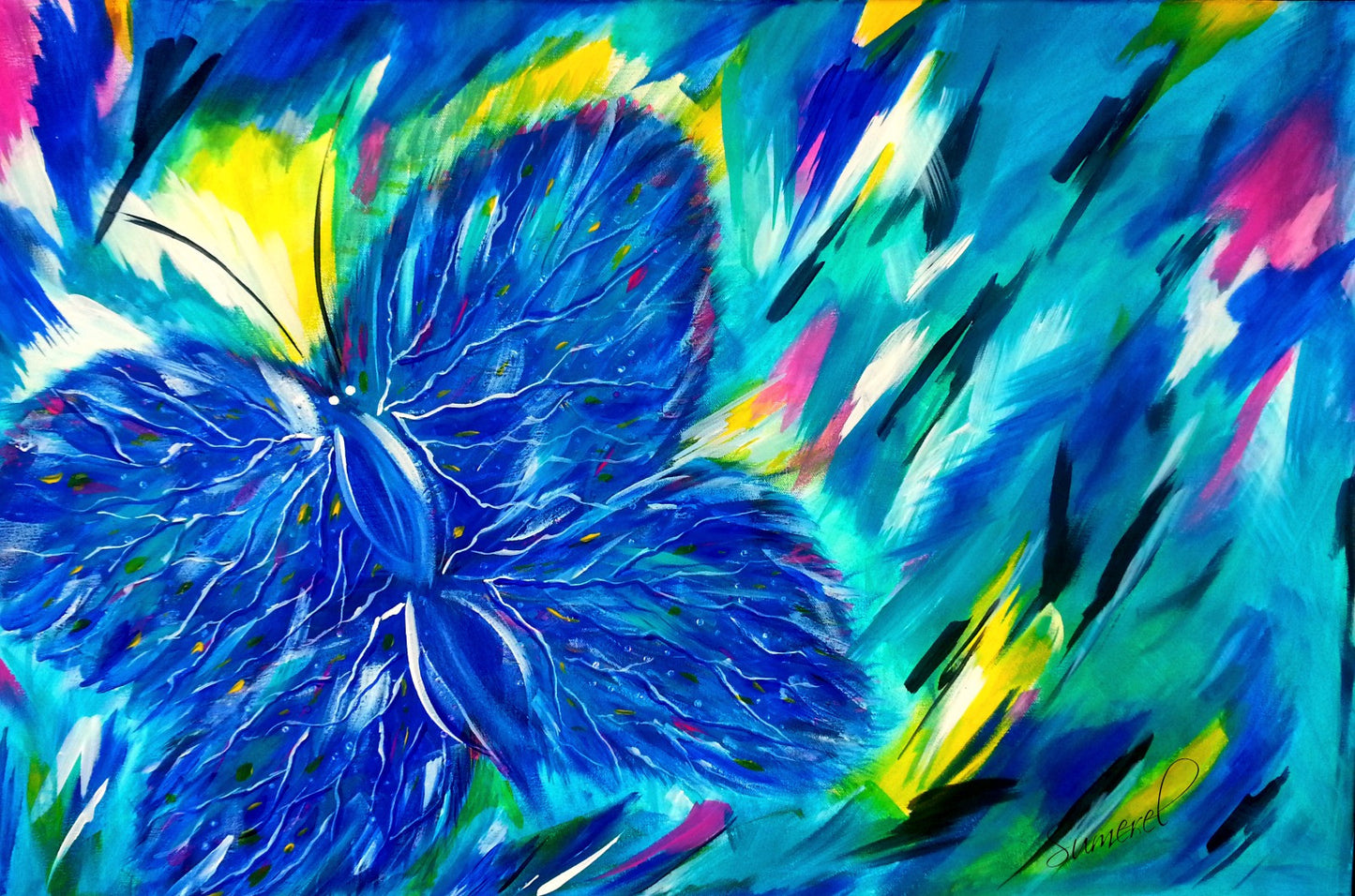 Beautiful blue acrylic painting on canvas. Bedroom decor with blue tones.