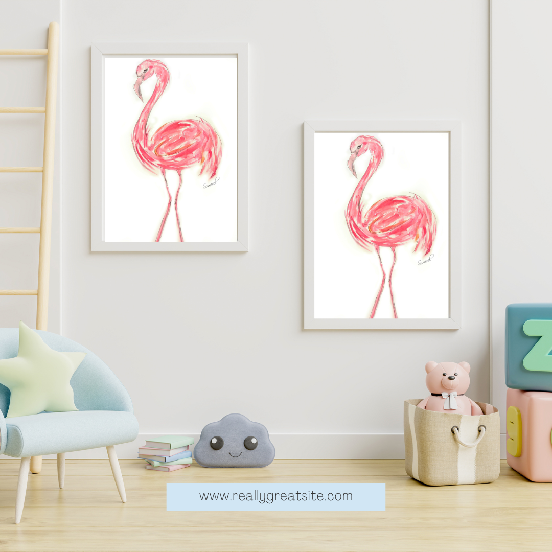 Pink Florida flamingo art print for kid's room.
