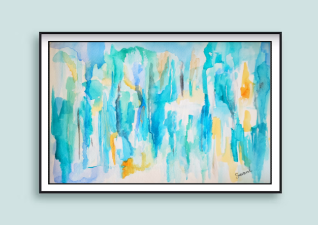 Abstract wall art with coastal cool colors.