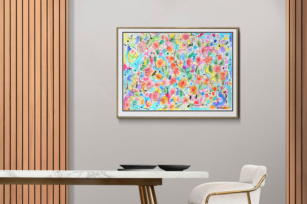 A colorful abstract floral wall art print for any room in the home.